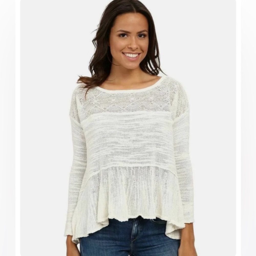 Free People Kristobel Eggshell Peplum Lace Top Sweater Womens